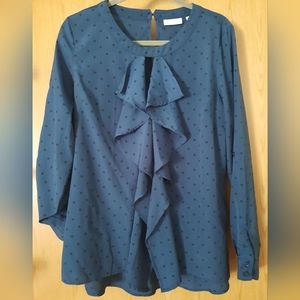 New York & Company Polka Dot Ruffled Blouse Large